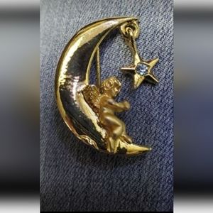 Cupid Angel on Moon Brooch Pin Gold Tone with Dangle Gemstone Star Signed L Razz